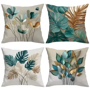 4-Pack Tropical Plant Leaf Pillow Covers, Monstera & Palm Print, Abstract Floral Design, Soft Polyester, Zipper Closure, French Style