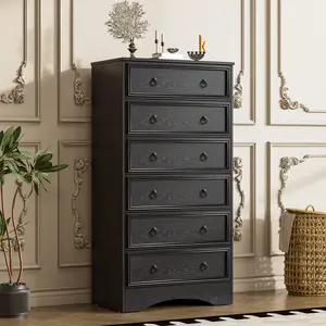 Black 6 Drawer Dresser Tall for Bedroom, 15"7 D x 26.8" W x 52" H in Simply Chest of Drawers, Wood Storage Dresser with Drawers for Living Room Hallway Entryway, Black