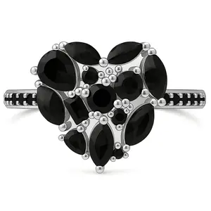 925 Sterling Silver Black Onyx Cluster Heart Ring on Rhodium or Rose Gold