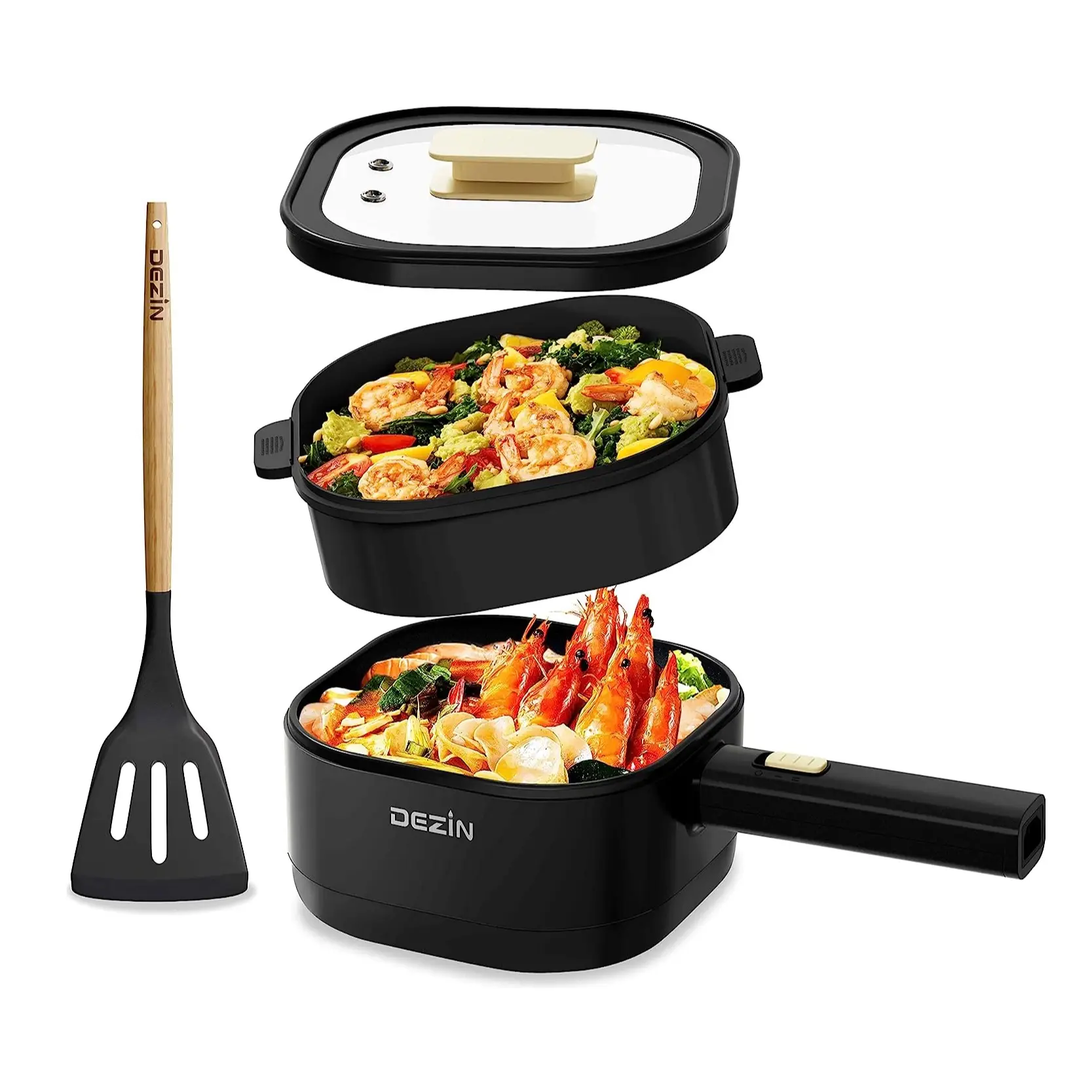 Dezin Hot Pot Electric with Steamer, 2L Non-Stick Electric Pot, Multifunction Cooker for Ramen, Soup & Oatmeal, Portable Hot Pot with Power Control fo