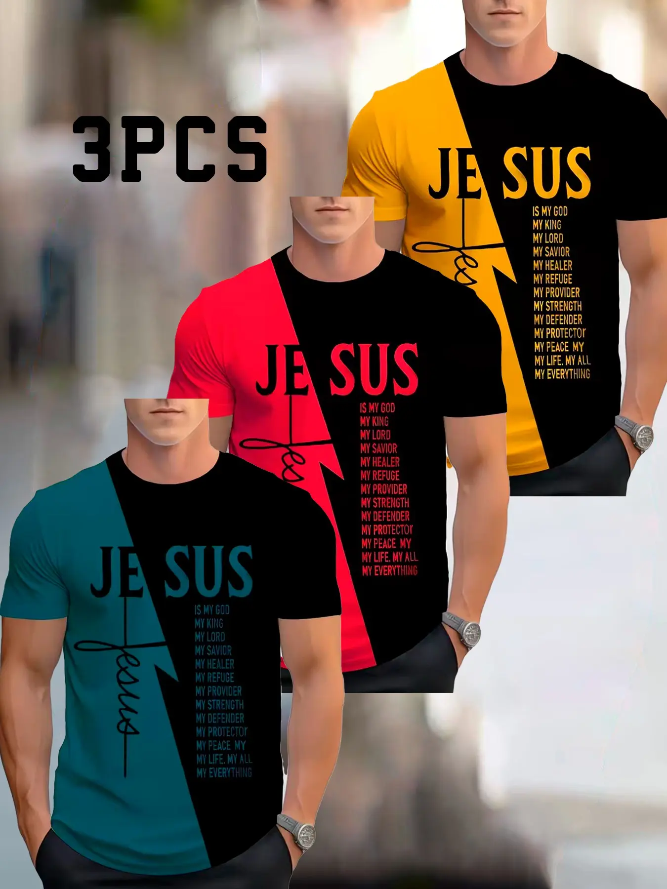 3-Piece Men's Letter Print Colorblock Summer Short Sleeve Collar T-Shirt, Fashion Casual Comfortable Top, Casual Stylish Tee, Ideal Gift, All Seasons Wear