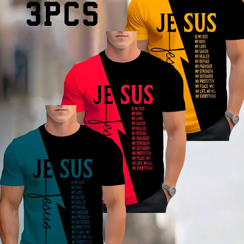 3-Piece Men's Letter Print Colorblock Summer Short Sleeve Collar T-Shirt, Fashion Casual Comfortable Top, Casual Stylish Tee, Ideal Gift, All Seasons Wear, Casual Clothing