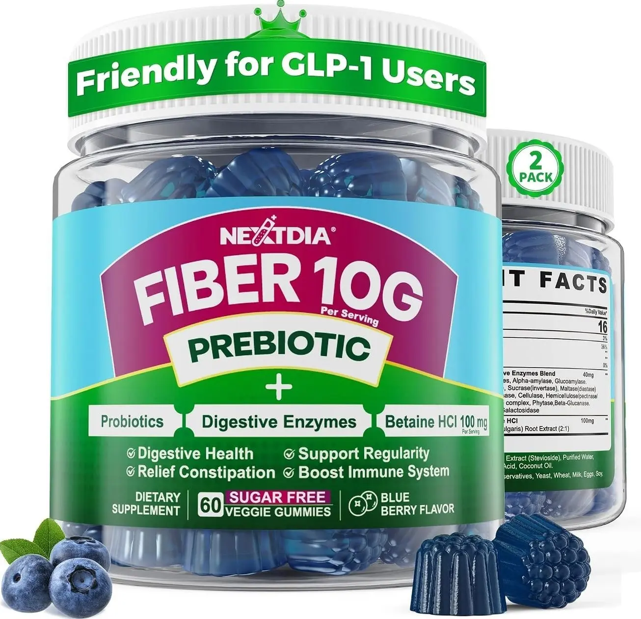 Fiber Gummies for Adults, GLP-1 Friendly 10g Prebiotic Fiber Supplement w/ Digestive Enzymes, Probiotics & 100mg Betaine for Digestive & Gut Health and Regulate Bowel Movement, Vegan, Sugar Free,120ct
