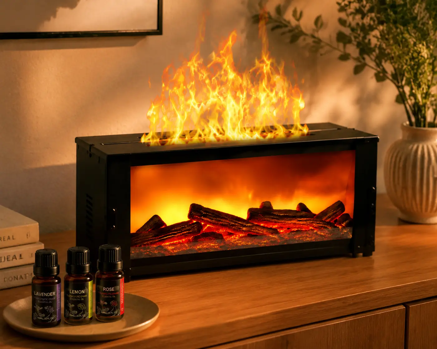Portable Electric Fireplace with Aromatherapy Diffuser - Realistic LED Flame Effect, Realistic Fireplace Look, Room Decor for Bedroom and Home Living Spaces