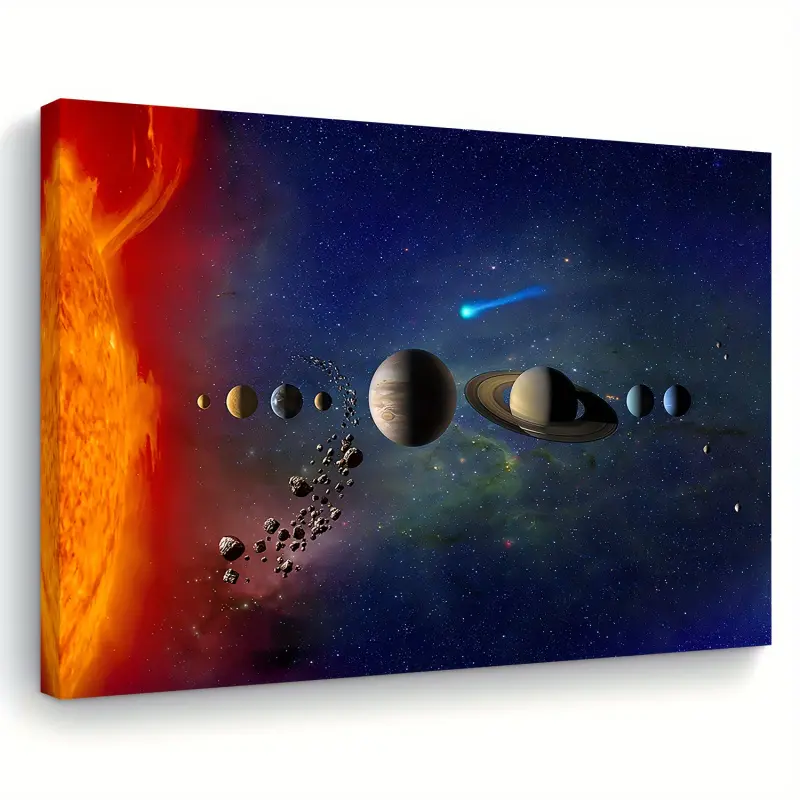 1 Piece Solar System Wall Art - Large Framed Wooden Canvas Print Painting with Sun, Planets, and Starry Night - 11.8"x15.7" (30x40cm) Educational, Artistic Space Decoration, Suitable for Home, Office, Astronomy Themed Gift, 2D Flat