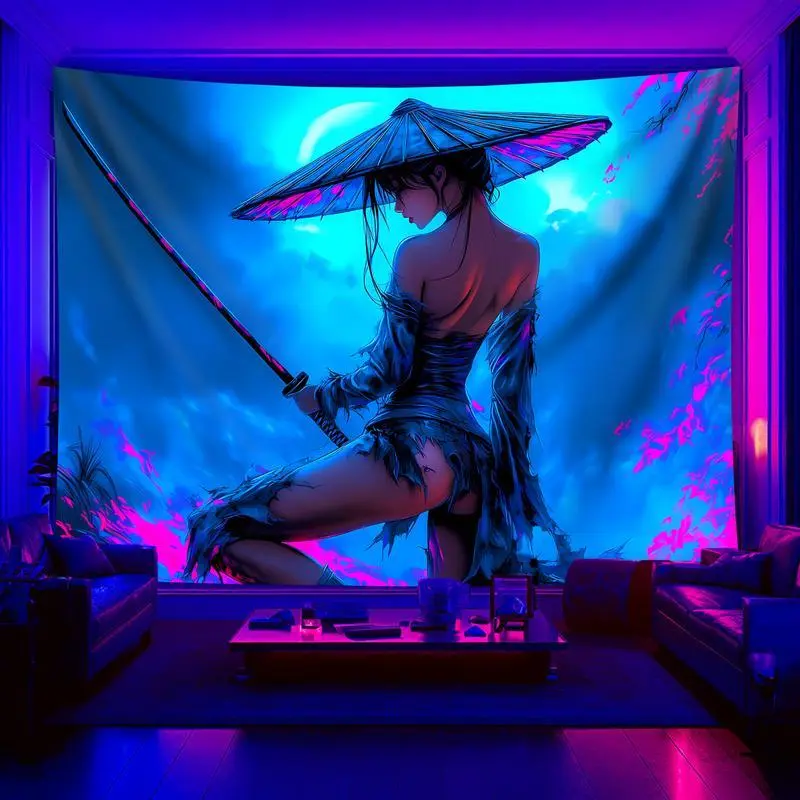 Cyberpunk Samurai Tapestry - Glowing UV-Activated Polyester Wall Hanging, Large Anime-Inspired Art for Bedroom, Office, Living Room - No Installation Required, Vibrant Purple & Blue Neon Design, Office Decoration, Modern Home D