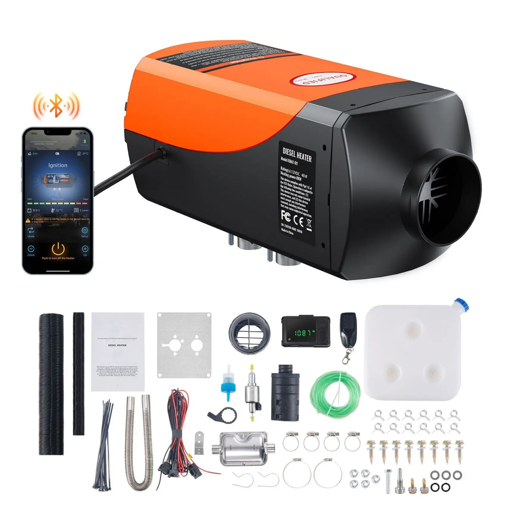 Bluetooth Diesel Heater 12V 8KW, RV Diesel Heater with Remote & LCD, Automatic Altitude Adjustment, Parking Heater for Camper Van Trailer Boat Default