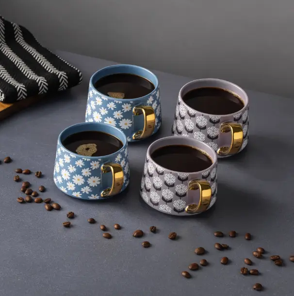 Blue and Purple Daisy Print Teacup Mugs 4 Pack - Stoneware, 11.8 fl oz, Reusable Drinkware