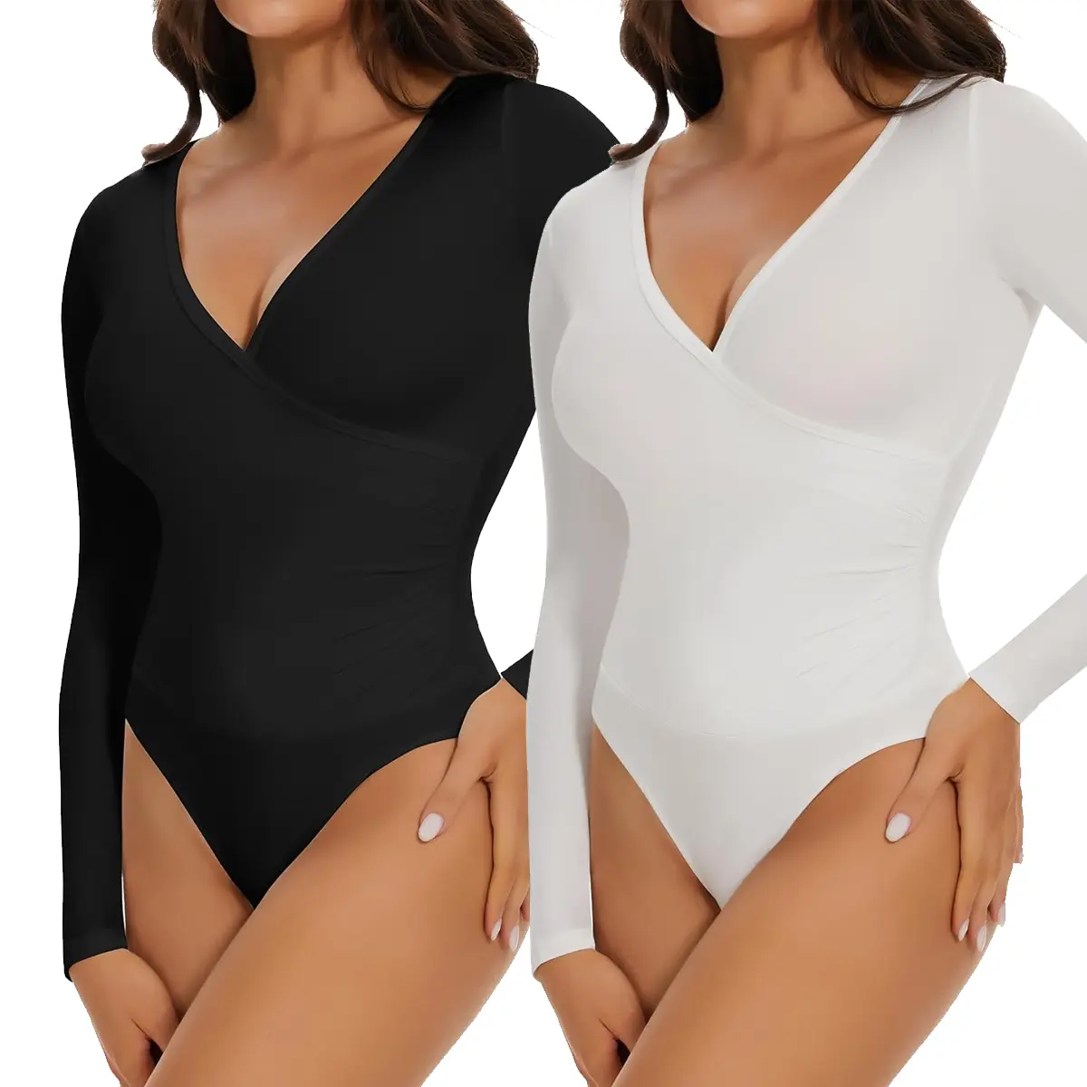Women's Chic Solid Cross-Wrap Ruched Plunge Deep V-Neck Long-Sleeve Comfortable Thermal Bodysuit - High-Stretch, Breathable, Lightweight, Snap-Closure Mock Neck Tunic Top for Fall Winter Going Out, Christmas, Thanksgiving, Valentine's Day Gift, Valentines