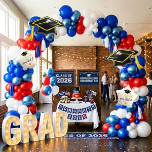 148Pcs 2026 Blue White Red Graduation Balloon Arch Kit Royal Metallic Blue Garland Decoration with Graduation Cap Star Foil Balloons for Class of 2026 Grad
