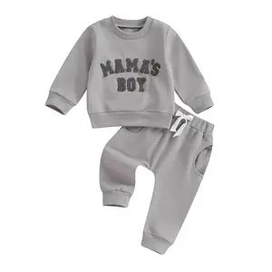 Toddler Baby Boy Fall Winter Outfit Long Sleeve Mamas Boy Embroidery Sweatshirt Pullover Tops Elastic Waist Jogger Pants Casual Sweatsuit