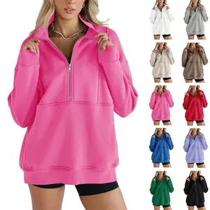 【Hot Sale】Women's Half Zip Sweatshirts Fleece Stand Collar Long Sleeve Thumb Hole Oversized Pullovers with Pockets(Sheets)