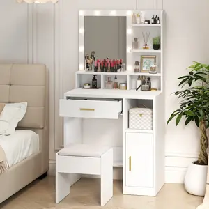Vanity Desk with Mirror Makeup Table 10 Dimmable LED Bulbs 3 Color Lighting Drawers Cabinet Shelves Stool White Finish Modern Chipboard Design