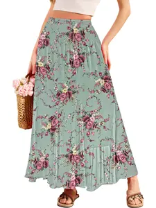 CYiNu Womens Long Maxi Skirt Chiffon Elastic High Waist Tiered Pleated Floral Printed A-Line Boho Long Skirts for Women