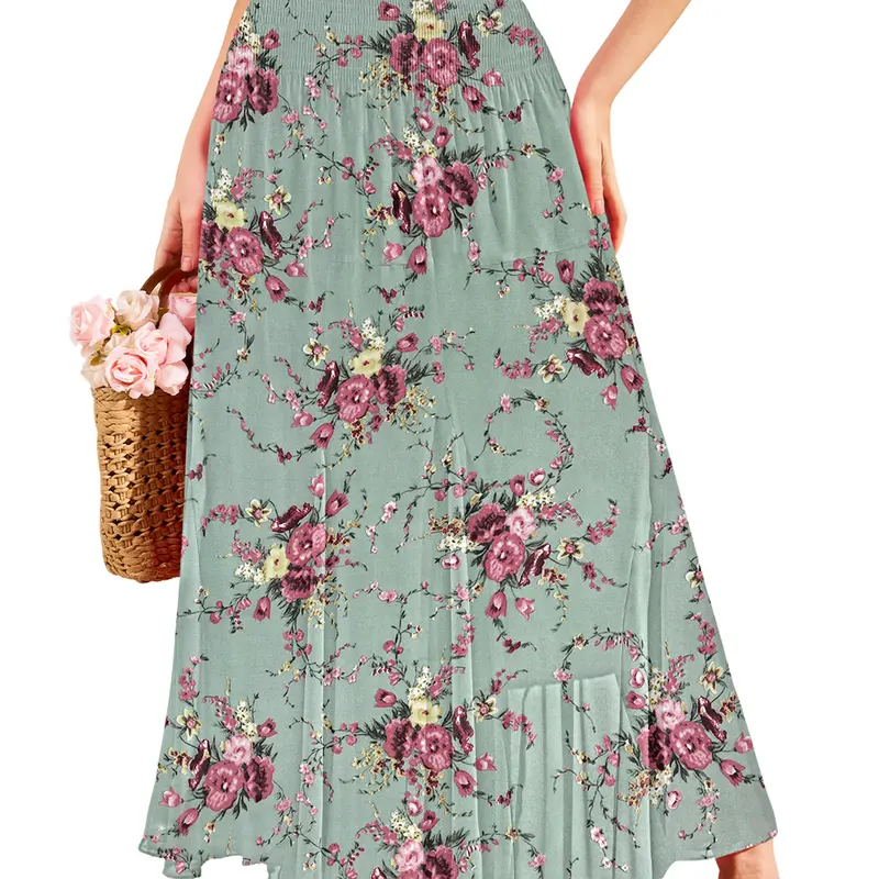 CYiNu Women's High-Waisted Soft Printed Floral Pleated Tiered Chiffon Maxi Skirt - Elastic, Lightweight, Flowy Boho Elegant Bottom, Plus Size - for Summer Beach, Date - Compatible with Crop Top, Tank Top