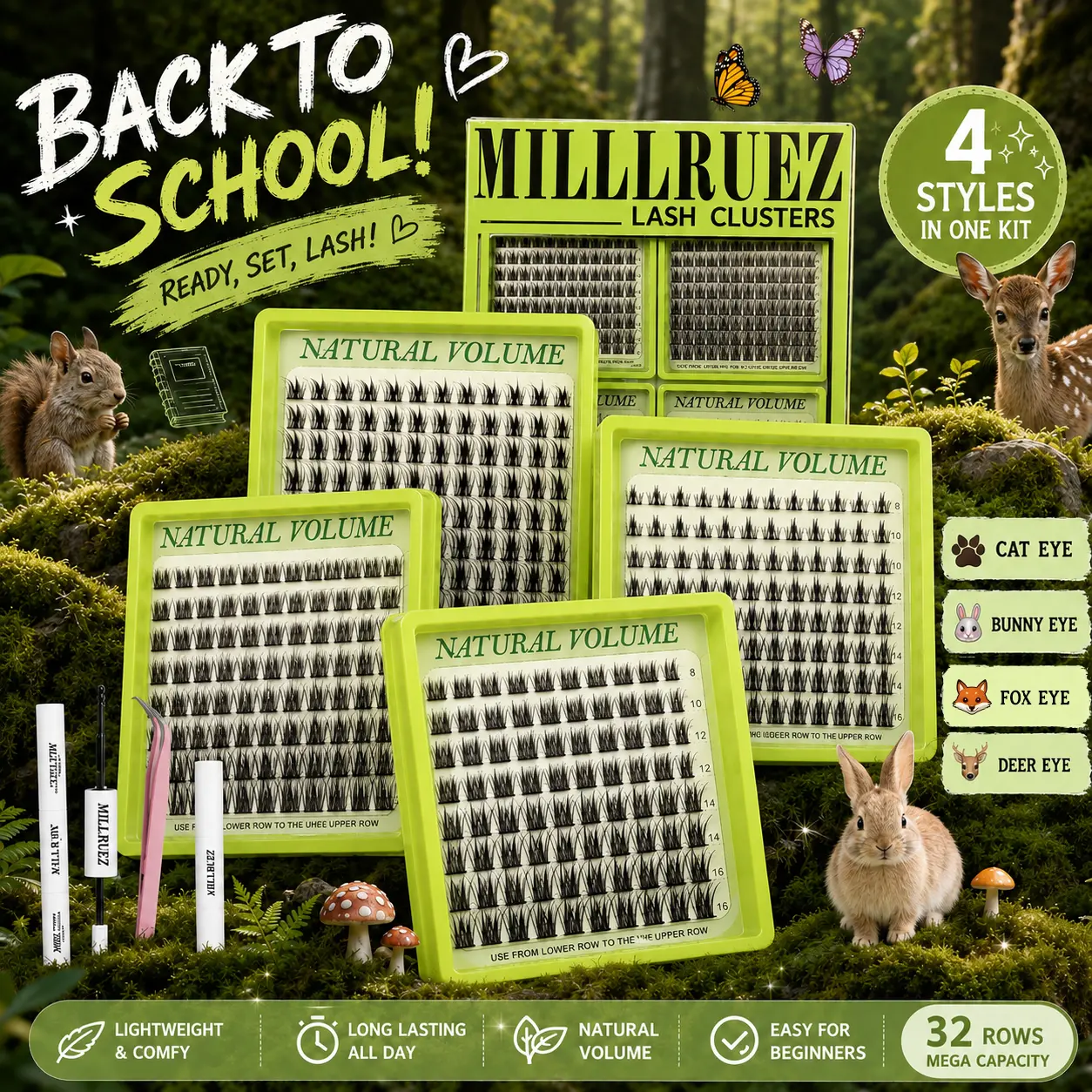 4 Nature Styles Lash Clusters Kit, Cat/ Deer/ Fairy/ Rabbit Eyelash Clusters Extensions with Everything You Need for Beginners and Proficient, DIY at Home Easily, #backtoschool