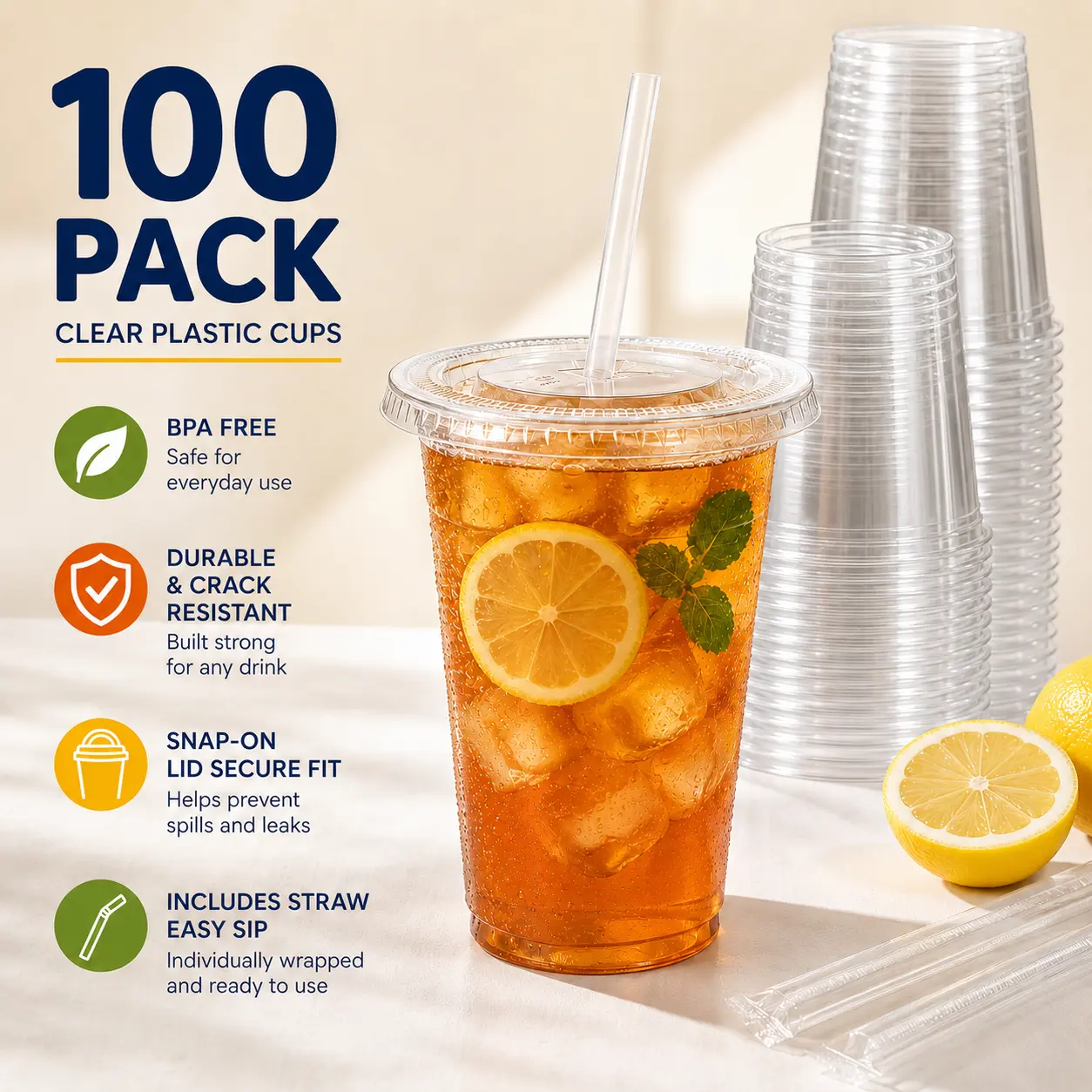[100 / 50 Sets of Plastic Cups with Lids] Disposable Clear PET Iced Drink Cups for Iced Coffee, Smoothies, Milkshakes, Takeout and Cold Beverages, Perfect for Halloween, Christmas and Parties