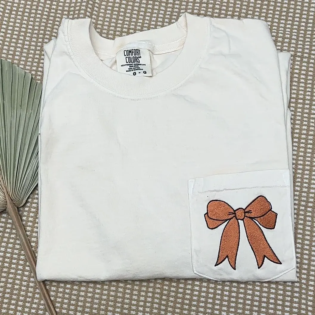 Embroidered fall bow on pocket tee comfort colors T-shirt, fall embroidered shirt