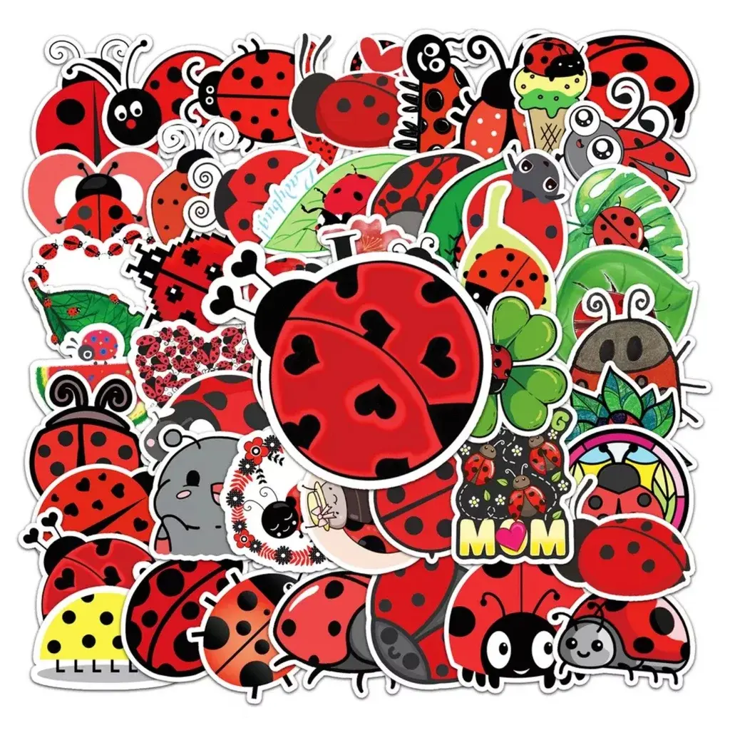 50 Pack of Lady Bugs Stickers. No Duplicates. Great for Christmas and Birthdays! Waterproof!
