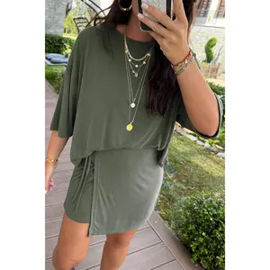 Laurel Green Solid Color Oversize Tee Tie Wrap Mini Skort 2pcs Set