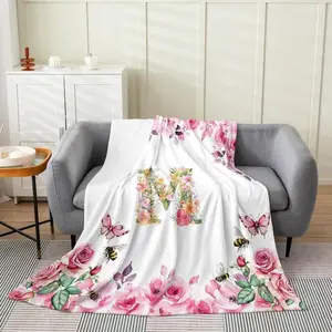 Erosebridal 50x60 inch Initial Letter M Throw Blanket for Kids Boys Girls,Initial A-Z Fleece Blanket,Floral Monogrammed Flannel Blanket,Romantic Rose Alphabet Bed Blanket for Sofa Couch,Gift for Friends, Special Gift