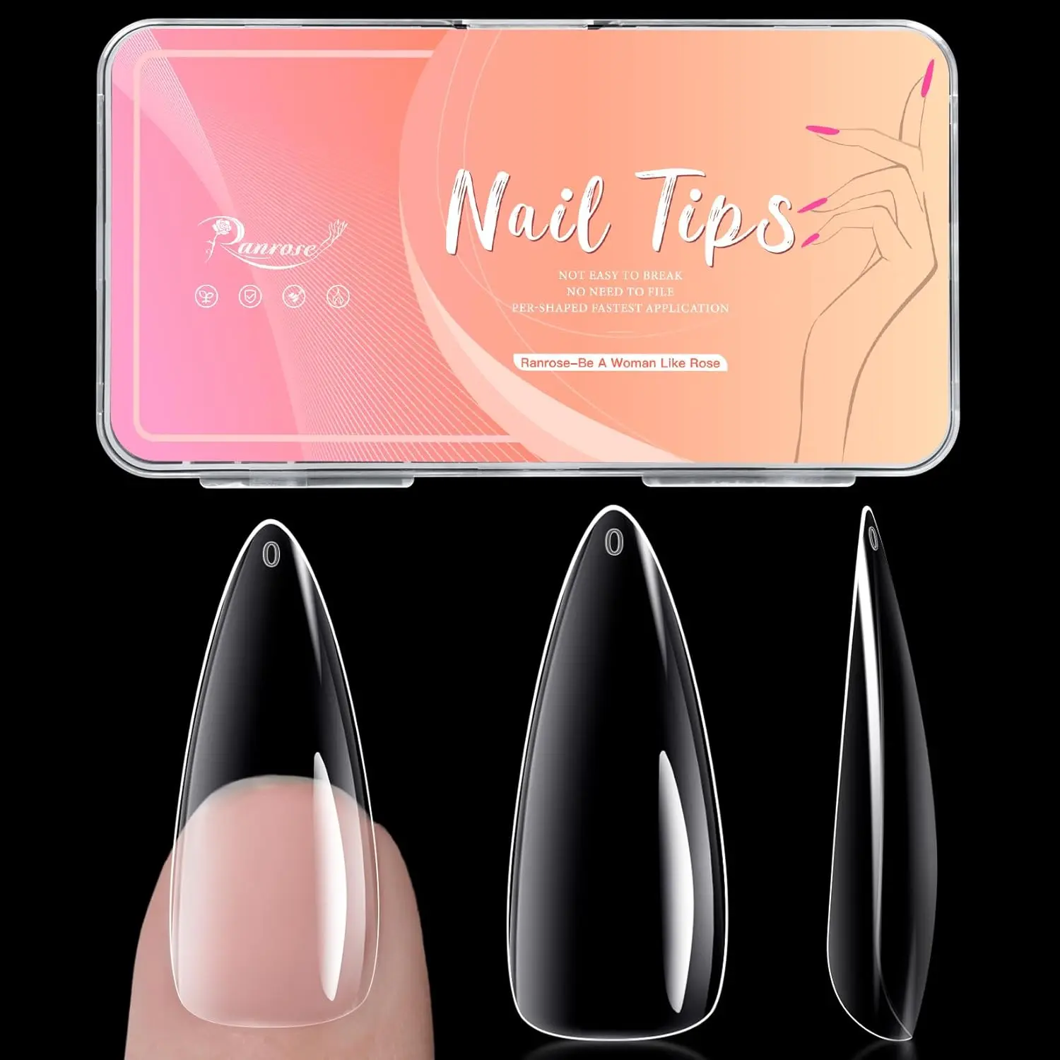240pcs Stiletto Soft Gel False Nails 12 Sizes Clear Full Cover Almond Shaped Press on Nail for Nail Extensions