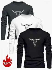 Men's 3-Piece Knit Bull Head Print Crew Neck Long Sleeve T-Shirt Set, Spring Outdoor Casual Pullover Tee, Pack of 3