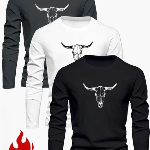 Men's 3-Piece Knit Bull Head Print Crew Neck Long Sleeve Fitted T-Shirt Set, Spring Outdoor Casual Pullover Tee, Pack of 3 Tops