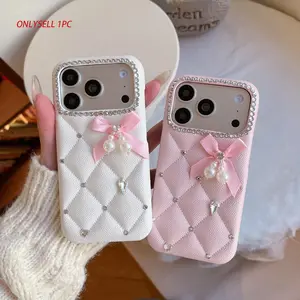 Quilted Pearl Bow Case For iPhone14/15/16/17 Diamond Border Leather Shockproof Protective Phone Cover Casing