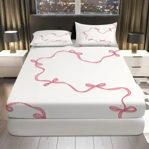 3Pcs Ribbon Bow White Fitted Sheet Three Piece Set (1*Fitted Sheet+2*Pillowcases, Coreless), Valentine's Day theme, Soft Comfortable Bedding Set, Mattress Protector, Bedroom Decor, Hotel Style
