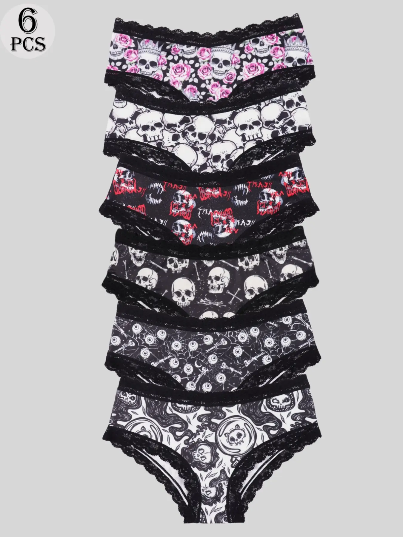 Morvia 6pcs Women's Sexy Cute Gothic Spooky Lace Black Panties, Seamless Comfort Underwear, Soft Elastic Fit, Lightweight Fabric, Daily Wear, Alt Girl Must Have
