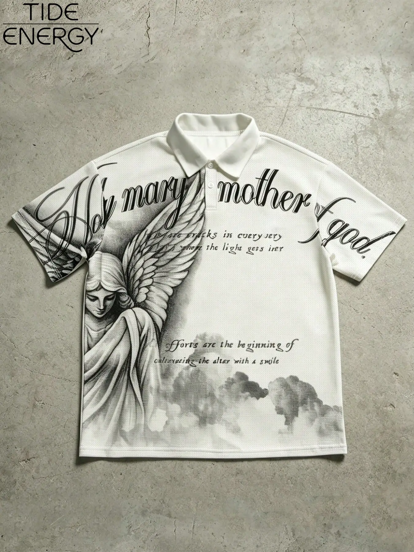 Men's Mesh Angel Portrait Gothic Collared Polo Shirt, Y2K Tattoo Chicano Streetwear Street Style Short Sleeve Top, Fashionable Casual Wear