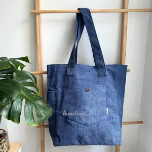 Premium Corduroy Tote Bag | Navy Ginger Brown | Everyday Shoulder Bag with Water Bottle Holder Zipper Pocket Magnetic Snap | Back to School