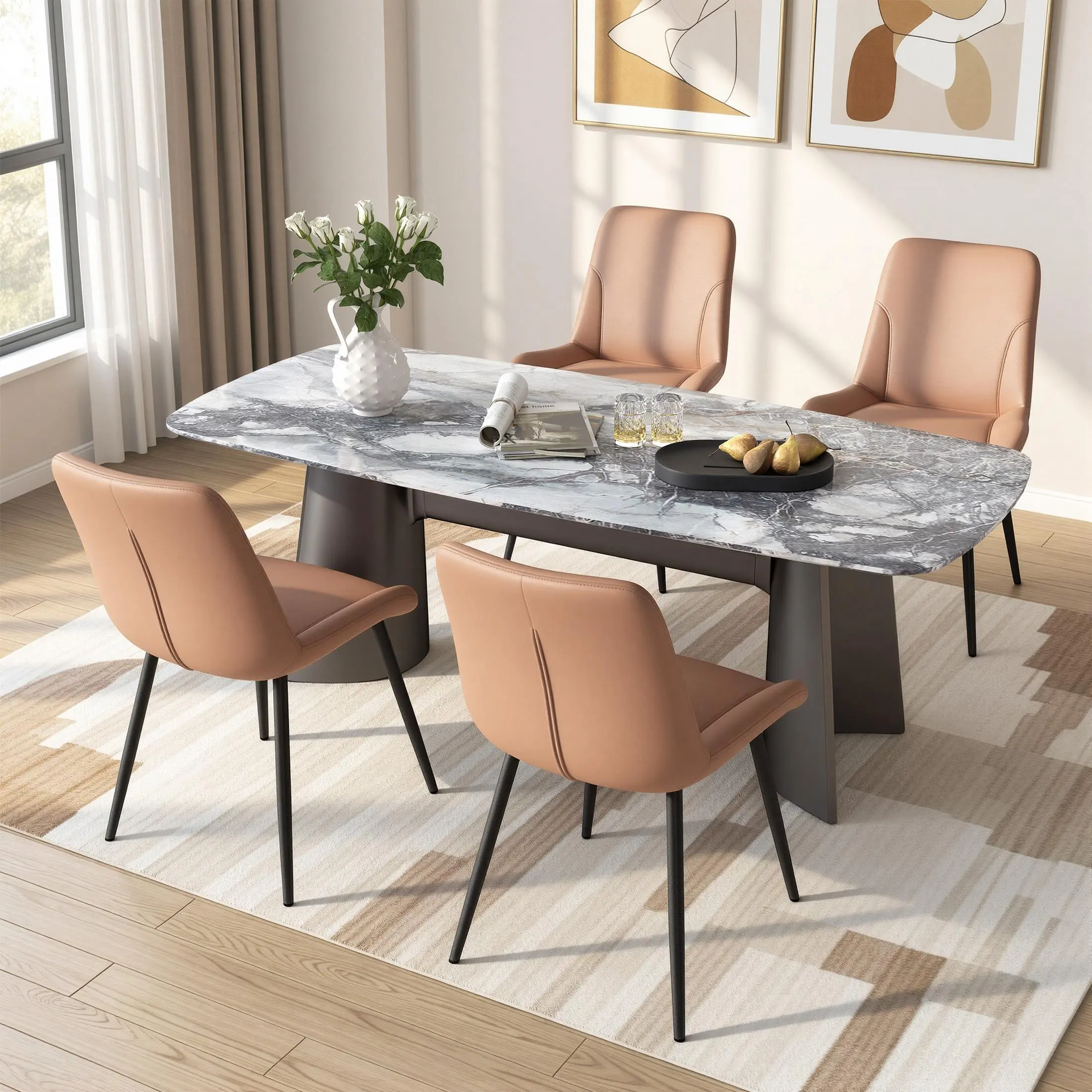 Ergonomic Dining Chair - PU Leather Soft Waterproof Cushion, Sturdy Metal Legs, Durable Seating for Kitchen, Indoor Modern Contemporary Furniture, Solid Color Dining Room Chair