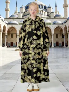 Girls Hooded Abaya Dress with Gold Intricate Lace Print, Muslim Kids Long Sleeve Maxi Dress (Black)