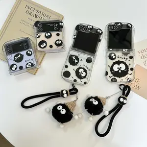 Cute Coal Ball Plush Lanyard Phone Case For Samsung Galaxy Z Flip6 Z Flip 7 6 5 4 3 Flip5 Z Flip 6 Airbag Frame Hinge 3in1 Cover