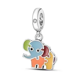 MULA S925 Silver Plated Double Sided Colorful Jigsaw Puzzle Elephant Pendant for Women and Girls, Perfect Gift for Birthday, Mother's Day, Christmas, Coordinates with Pandora Bracelets and Necklaces