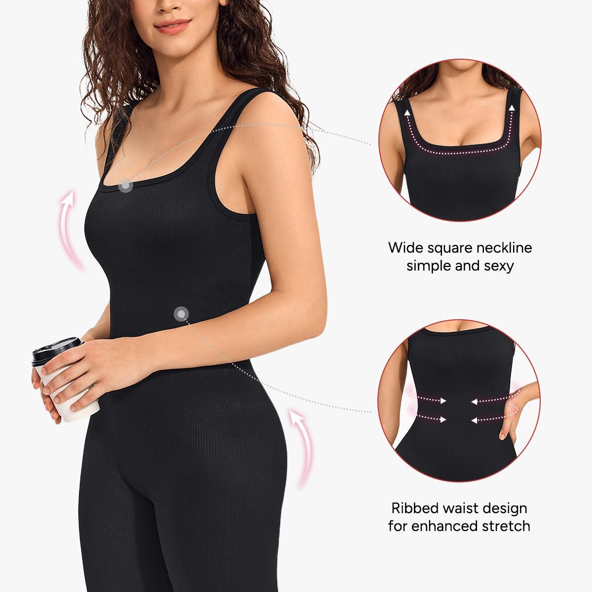 Nebility Women's Workout Seamless Yoga Ribbed Bodycon Jumpsuit Cut Out Asymmetric One Piece Leg Lengthening Tank Top Leggings Romper Stylish Activewear Stretchable All Season Solid Color Sports Jumpsuit