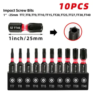 10 Pcs Wear and Impact Resistant, Non-Slip Magnetic Hollow Torx Screwdriver Bits Set, 25mm (TT7-10 TT15 TT20 TT25 TT27 TT30 TT40) with Black Base, Universal 1/4" Shank S2 Steel, for Handicrafts, Forestry, Woodworking, Office and DIY Use