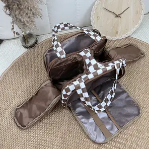 Checkered Toiletry Bag,Large Capacity Water-proof Plaid Cosmetic Bag,Women Multi-partitions Makeup Bag,Dust-proof Wide-open Puffy Organizers For Travel Accessories , Portable Travel Bag with Strap for putting on suitcase