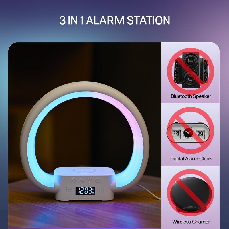 Bell + Howell Speaker Charging Lamp with Alarm Clock, RGB LED Table Lamp, and Wireless Phone Charger Stand