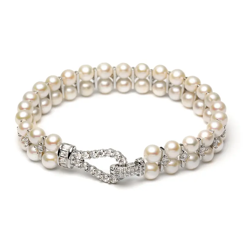 White Pearl Multi-strand Statement Bracelet, French Chic Crystal Halo Clasp Wristband, Quiet Luxury Gift