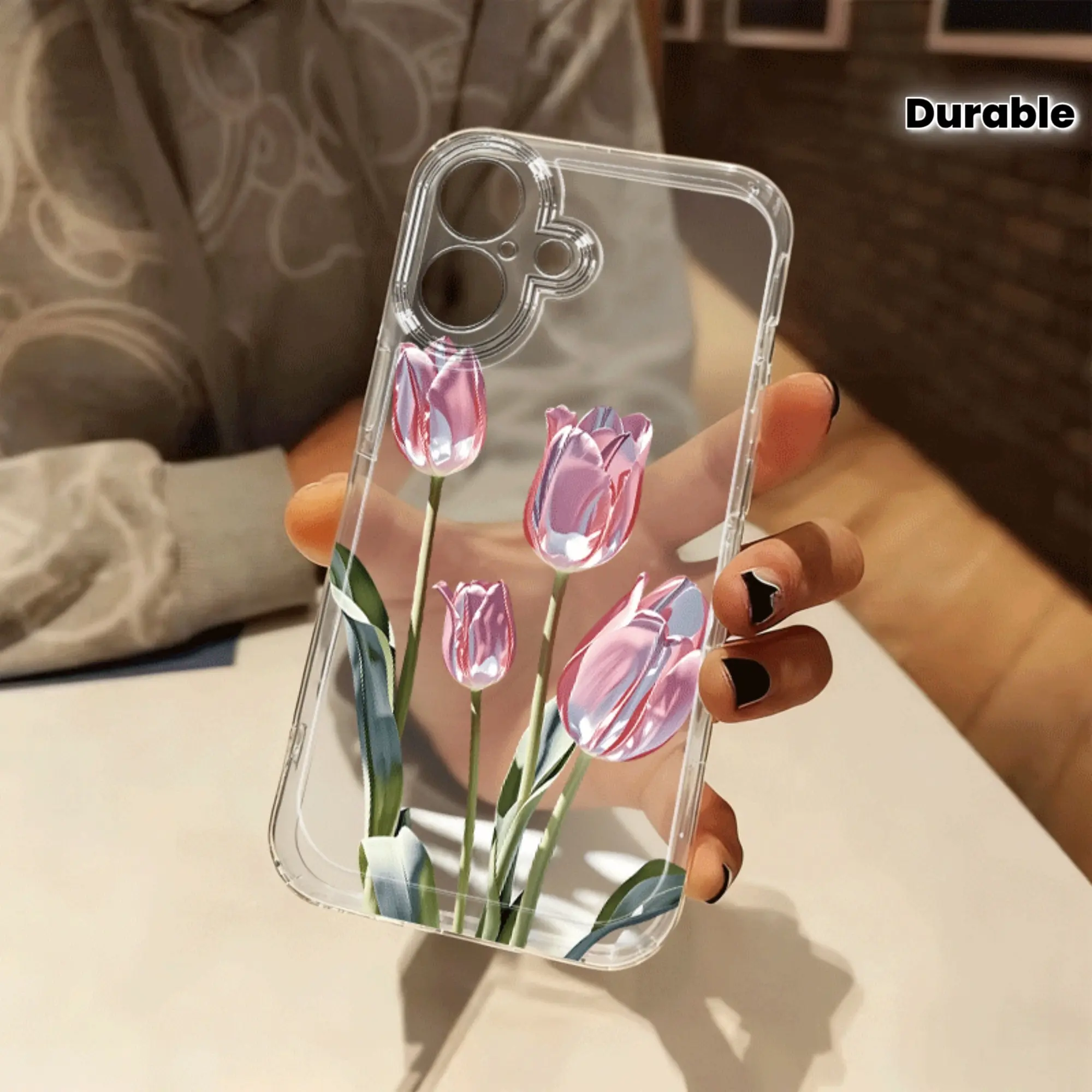 Pink Tulip Floral Cellphone Cover, Cartoon Transparent Shockproof Protection Soft Casing, Handheld Devices Accessories for iPhone 17 Pro Max/17E,16,15,14,13,12,11,X,XS,XS Max,XR,7P,8P - Ideal Gift for Christmas,Valentine's Day,summerwins