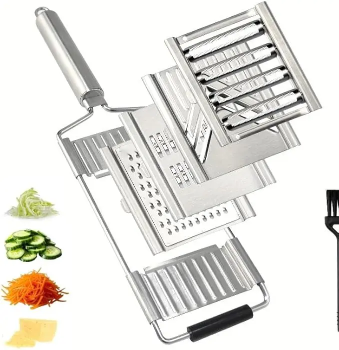 4 In 1 Kitchen Grater Stainless Steel Manual Vegetable Slicer Shredder Julienne Cutter Cheese Grater for Potato Carrot Cucumber Fruit Salad Making, Easy To Clean Kitchen Gadget