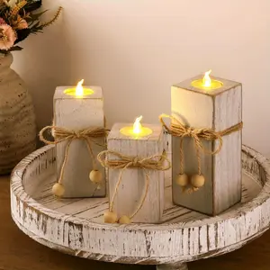 [Rustic Candle Holder Set] 3pcs Rustic Farmhouse Style Wooden Candle Holder Set | Table Centerpiece, Fireplace Home Decor, Valentine's Day Decorations, Best Mother's Day Gifts 2026, Suitable for Pillar Candles