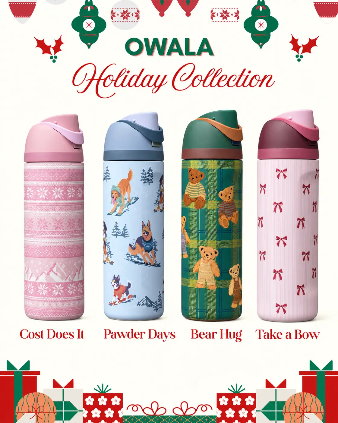 Owala Holiday Collection 24oz FreeSip Insulated Stainless Steel Water Bottle, Cost Does It, Pawder Days, Bear Hug & Take a Bow, Christmas Winter Designs, Leak-Proof Reusable Bottle, Holiday Gift