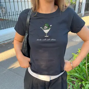 [Sale Up To 50%] Black Baby Tee Leprechaun Martini Cocktail St Patrick's Day Womens Baby Tee Vintage Illustration St. Patty's Day Baby Tee Vintage