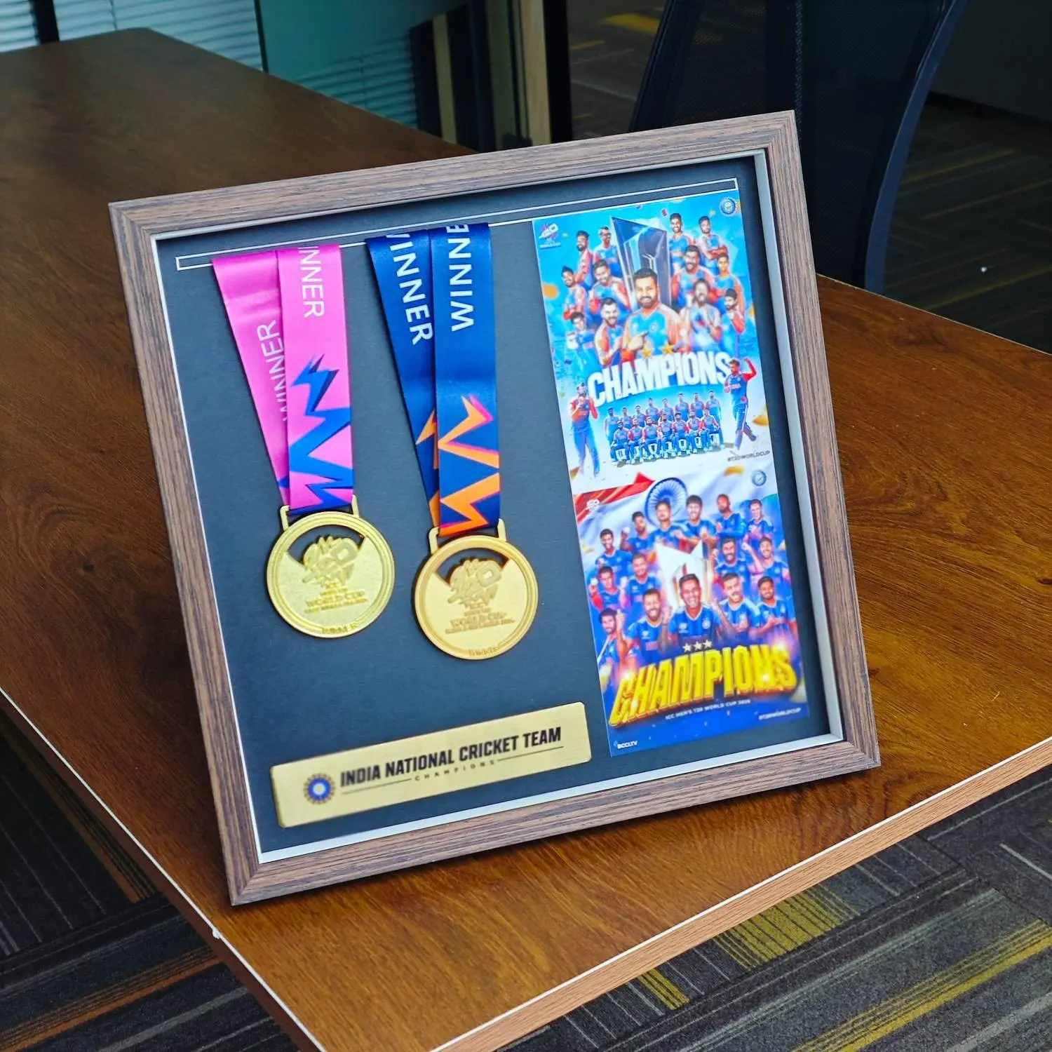 India T20 Style Champions 2 Medals Frame, Collector Series Memorabilia, Perfect Gift for Cricket Fans, Display-Worthy Design