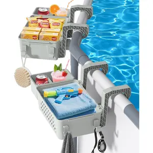 [2026 Upgrade] 2 Sets Poolside Storage Basket with Cup Holders, Above Ground Pool Accessories, Swimming Pool Storage Basket 3-in-1 Functionality, Fits 3 Inch or Less Top Rail (Grey, 2Pcs)