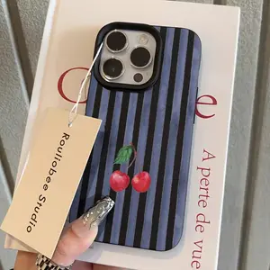 Stylish Textured TPU Silicone Soft Phone Case Cover - Blue Striped Cherry Design, Protective Casing, Handheld Tech Accessories for iPhone 17,16,16E,15,14,13,12,11,Pro Max,XS,XR,8 Plus,7